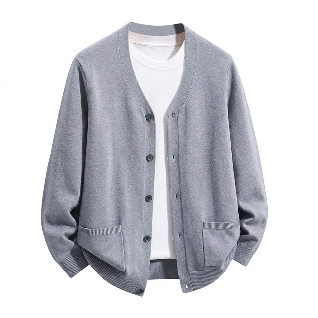 Men's Relaxed V-Neck Pocket Cardigan. V-neckline.