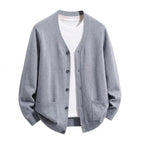 Men's Relaxed V-Neck Pocket Cardigan. V-neckline.