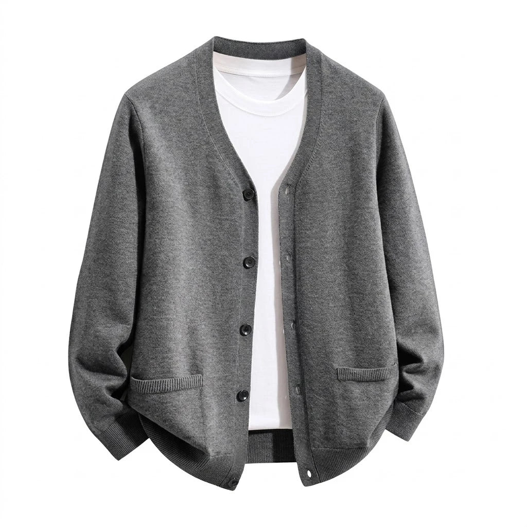 Men's Relaxed V-Neck Pocket Cardigan. V-neckline.