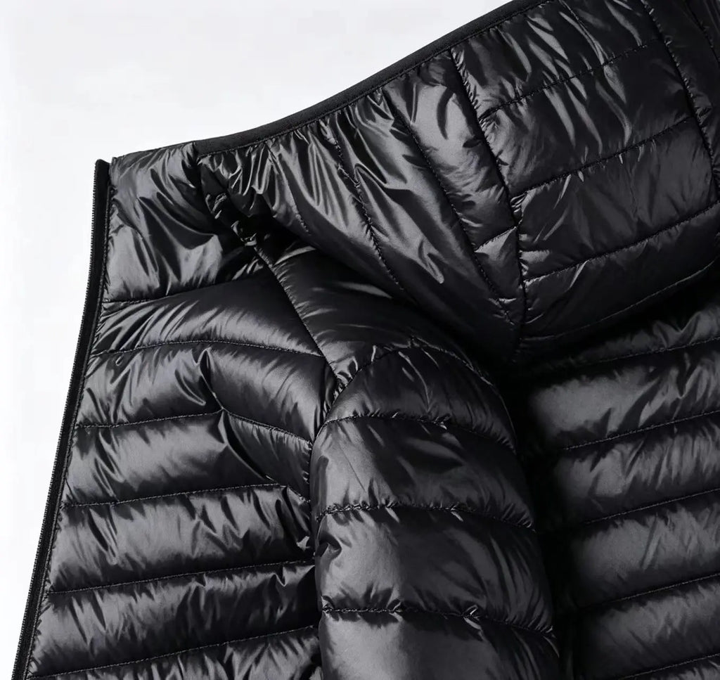 Men's Lightweight Narrow-Quilted Hooded Puffer. Narrow horizontal quilting.