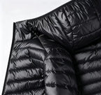 Men's Lightweight Narrow-Quilted Hooded Puffer. Narrow horizontal quilting.