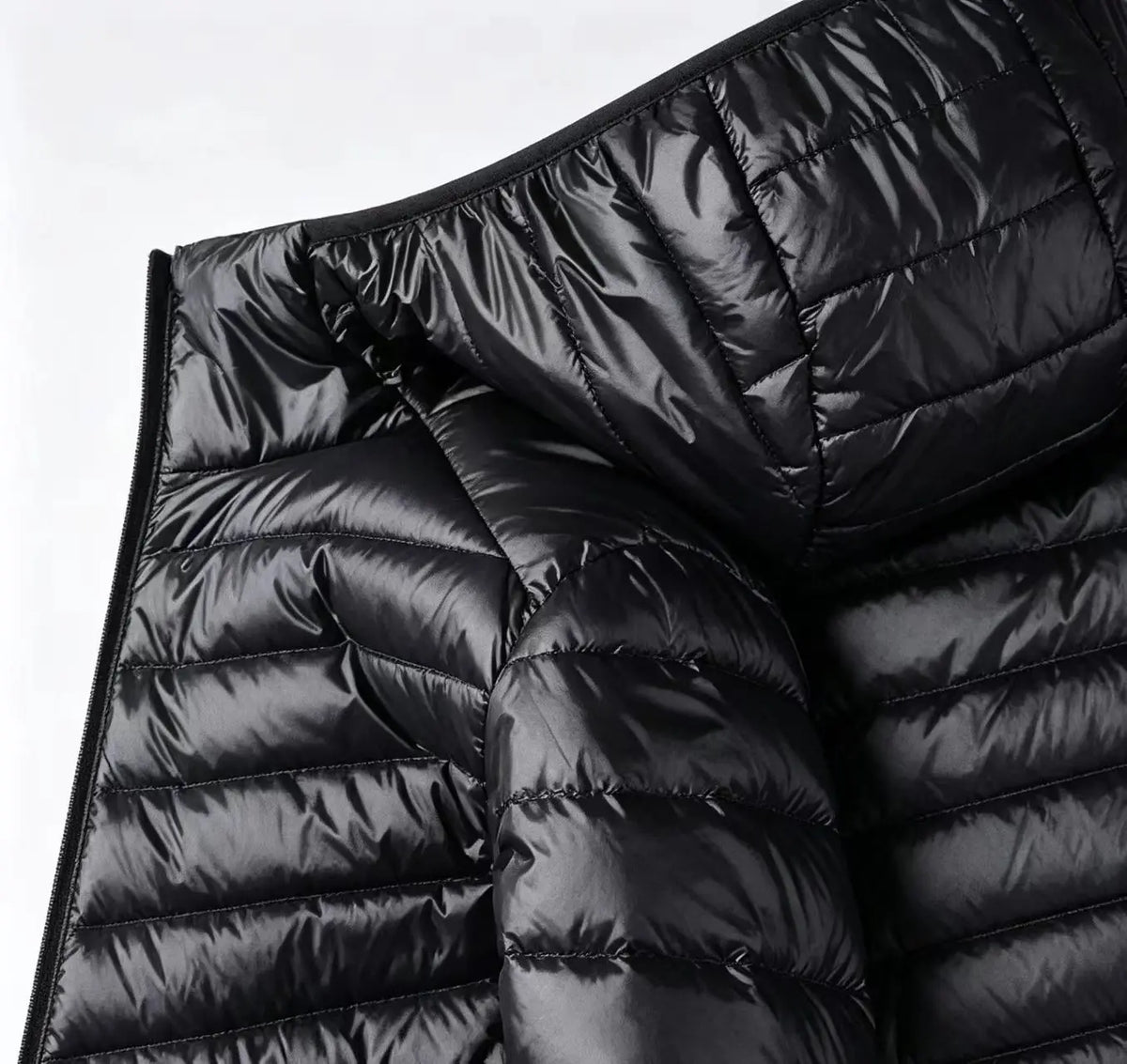 Men's Lightweight Narrow-Quilted Hooded Puffer. Narrow horizontal quilting.