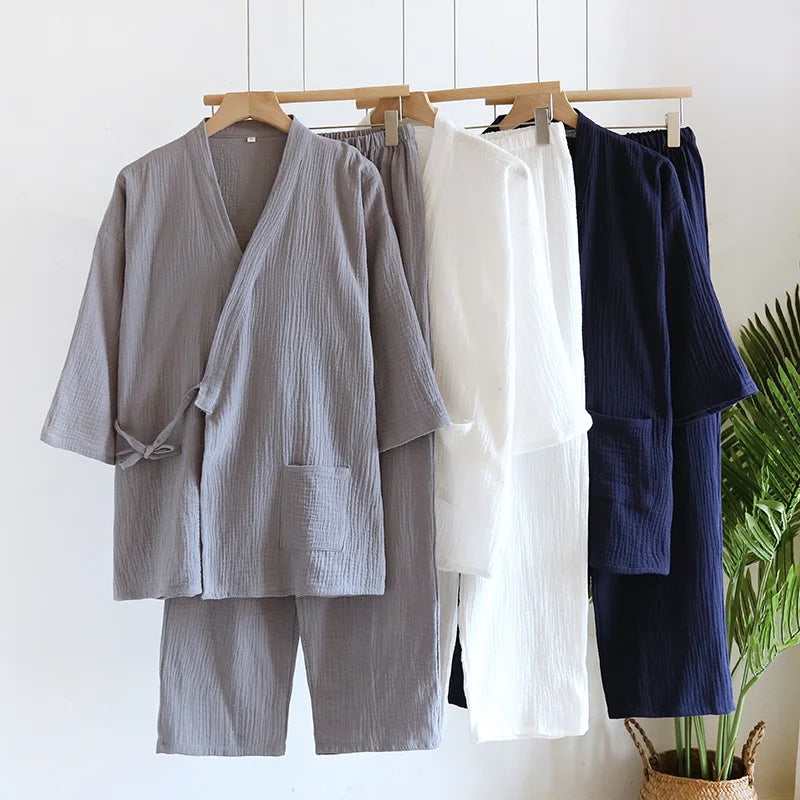 Men's Textured Cotton Kimono & Trouser Set. Textured cotton fabric.
