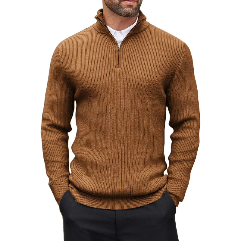 Men's Ribbed Stand-Collar Quarter-Zip Jumper. Ribbed knit texture.