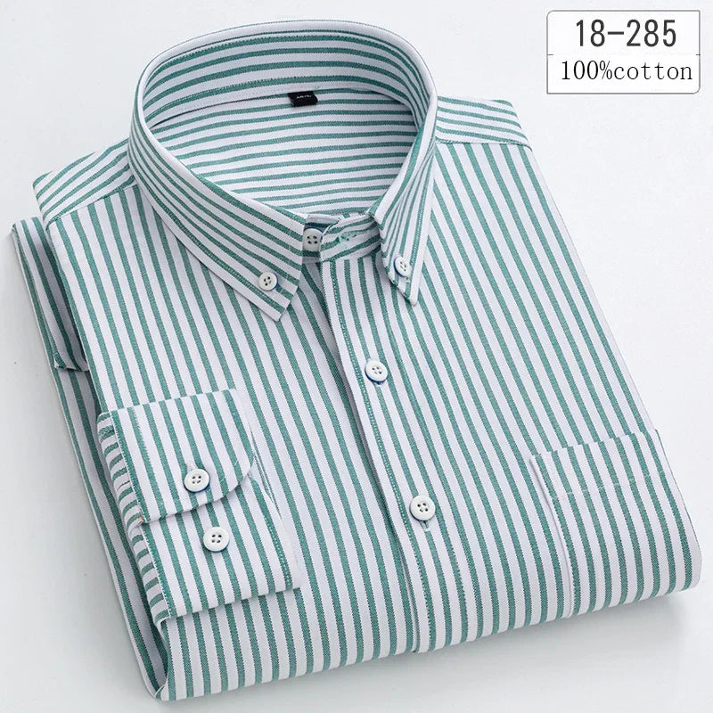 Men's Cotton Check & Stripe Button-Down Shirt. Button-down collar and button front.