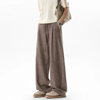 Men's Linen-Look Textured Wide-Leg Trousers. Polyester fabric with a linen-look texture.