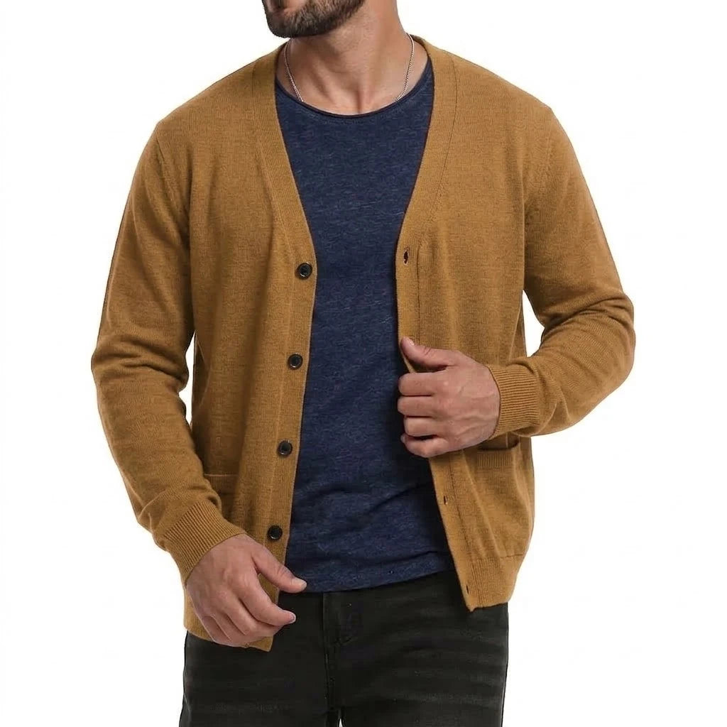 Men's Lightweight Button-Front Cardigan. Plain knitted finish.