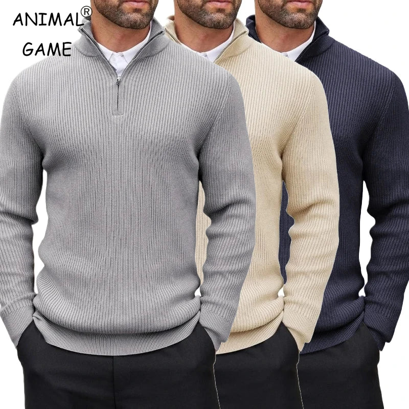 Men's Ribbed Stand-Collar Quarter-Zip Jumper. Ribbed knit texture.