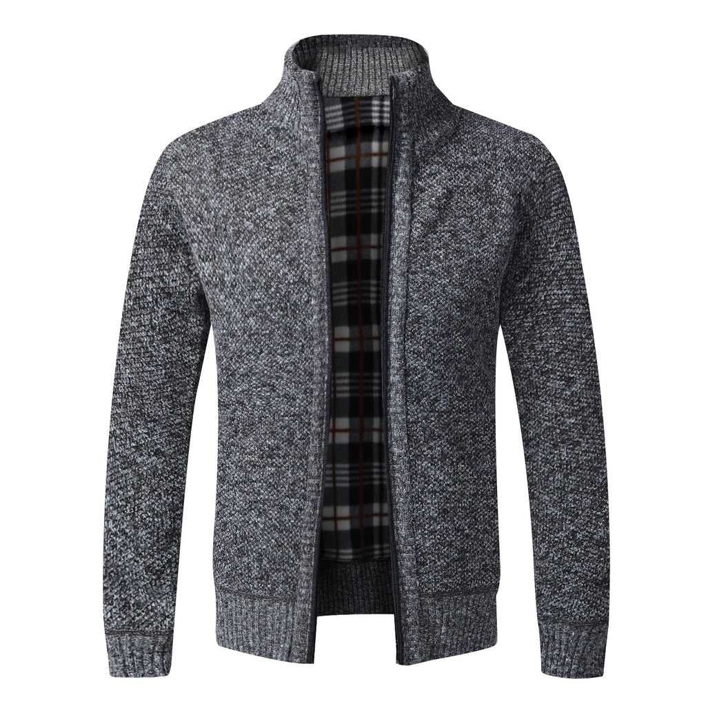 Men's Fleece-Lined Collared Knit Cardigan. Knitted exterior with fleece lining.