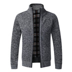 Men's Fleece-Lined Collared Knit Cardigan. Knitted exterior with fleece lining.