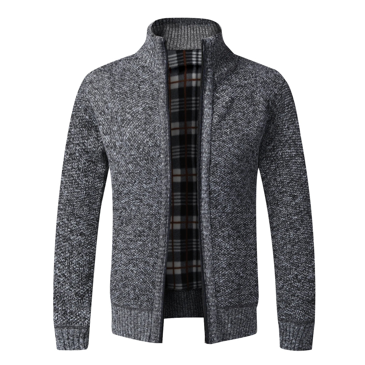 Men's Fleece-Lined Collared Knit Cardigan. Knitted exterior with fleece lining.