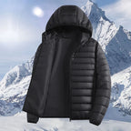 Men's Horizontal-Quilted Hooded Puffer Jacket. Hooded shape.