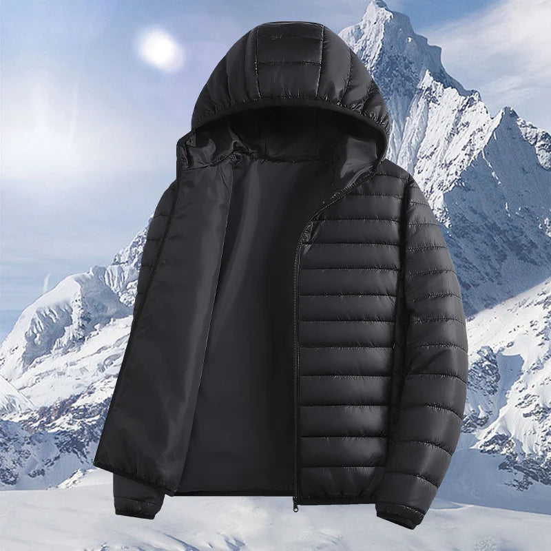Men's Horizontal-Quilted Hooded Puffer Jacket. Hooded shape.