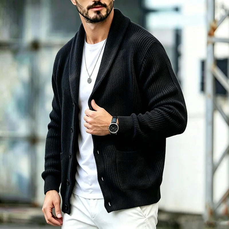 Men's Shawl-Collar Pocket Cardigan. Shawl collar.