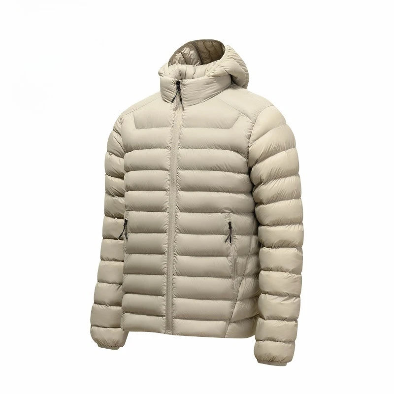 Men's Horizontal-Quilted Hooded Puffer Jacket. Hooded shape.