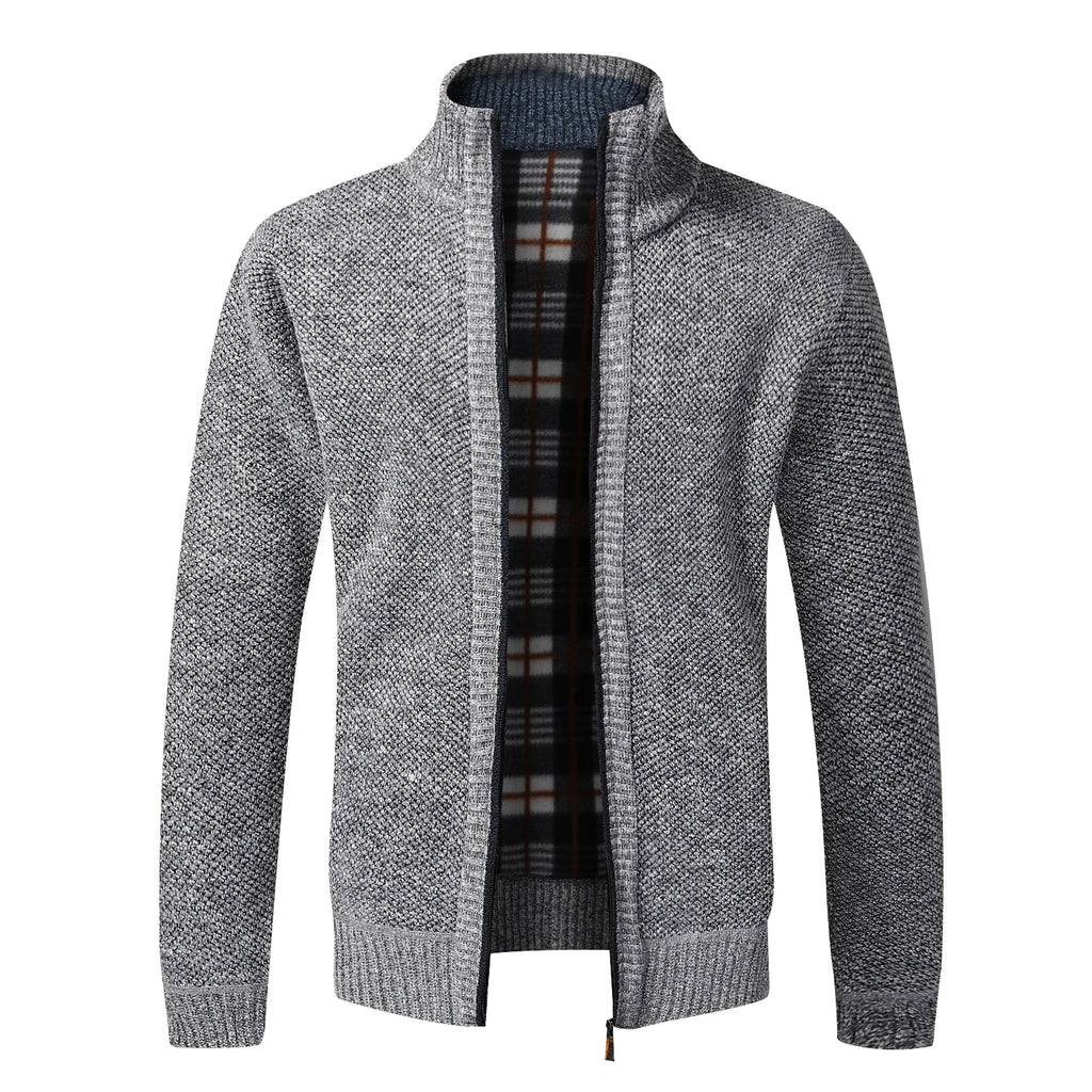 Men's Fleece-Lined Collared Knit Cardigan. Knitted exterior with fleece lining.