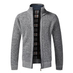 Men's Fleece-Lined Collared Knit Cardigan. Knitted exterior with fleece lining.