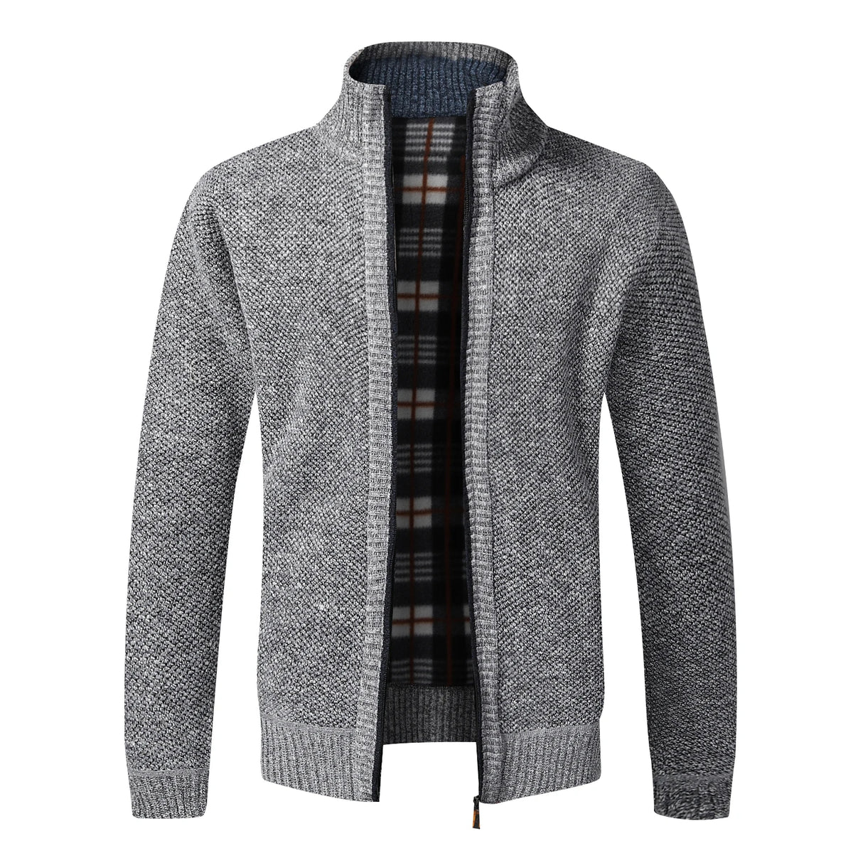 Men's Fleece-Lined Collared Knit Cardigan. Knitted exterior with fleece lining.