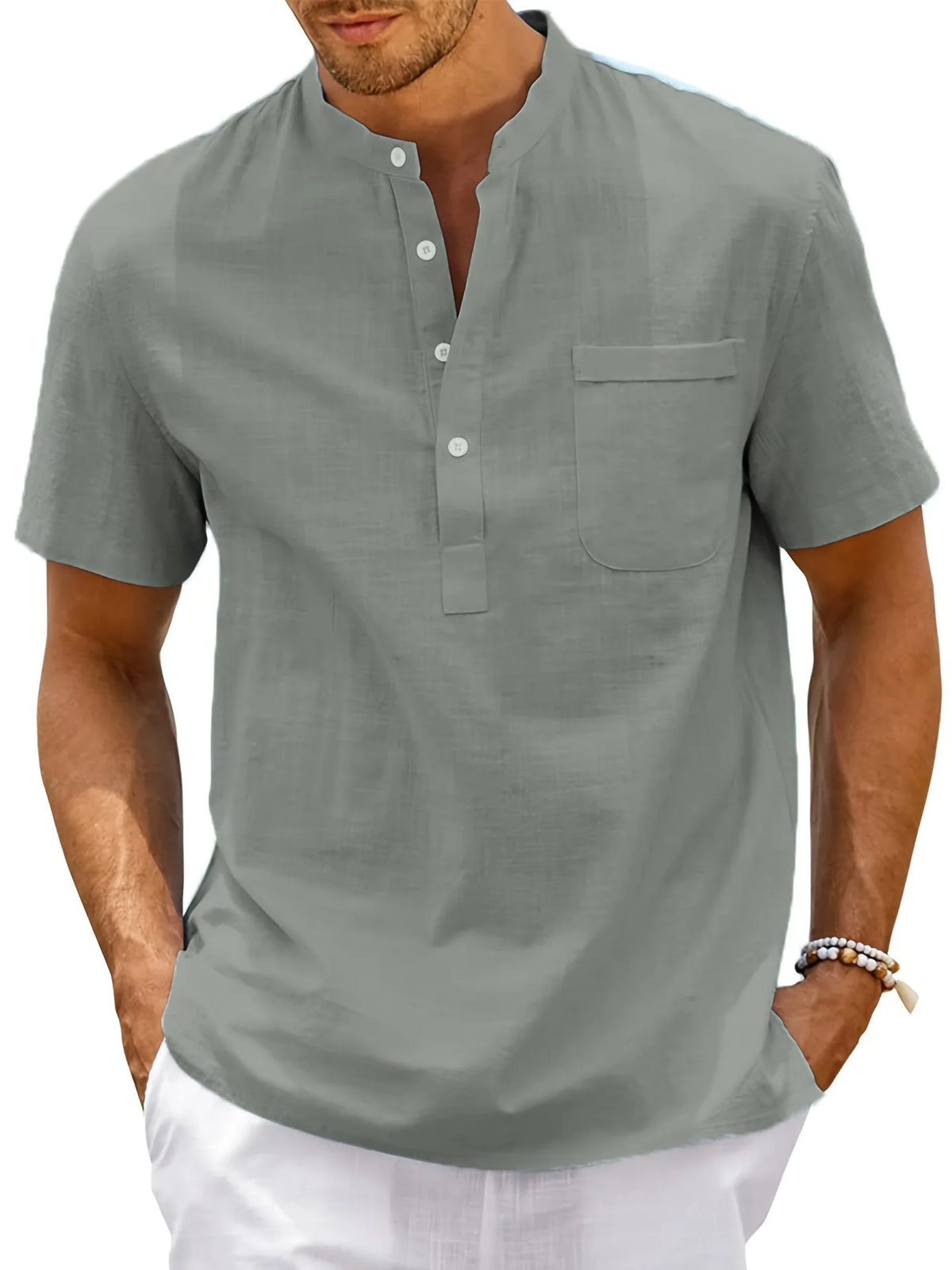 Men's Linen-Look Stand-Collar Pocket Top. Short stand collar.