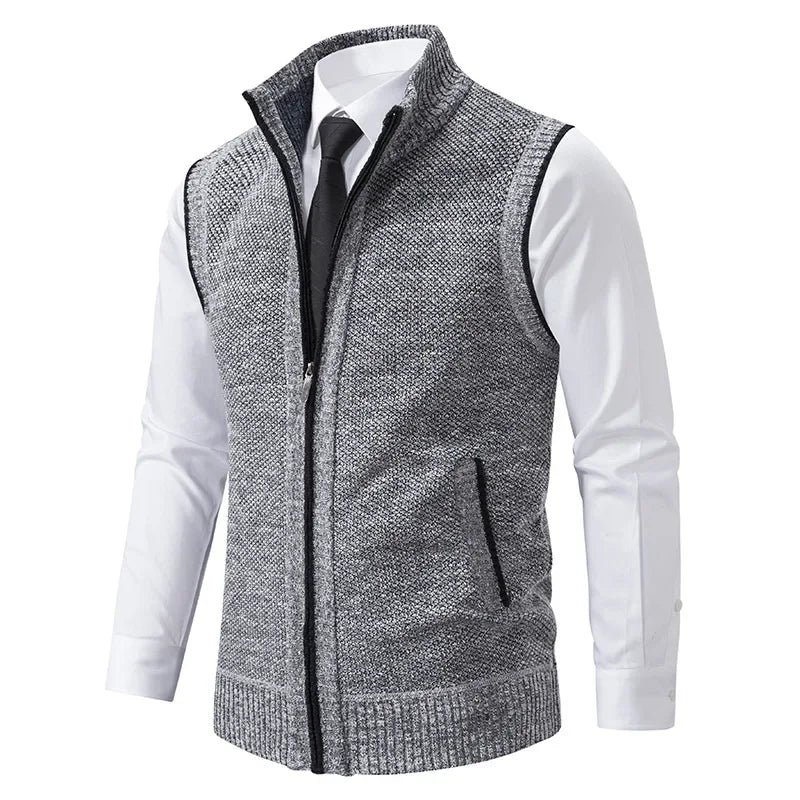 Men's Zip-Through Knit Vest. Sleeveless knitted design.