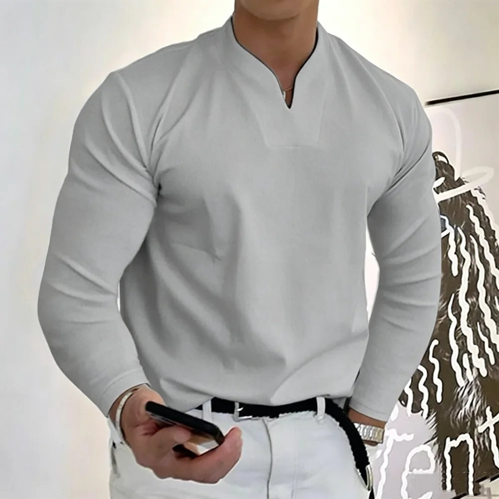Men's Notch-Neck Long-Sleeve Top. Notched V neckline.