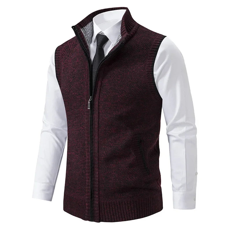 Men's Zip-Through Knit Vest. Sleeveless knitted design.