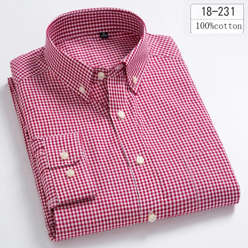 Men's Cotton Check & Stripe Button-Down Shirt. Button-down collar and button front.