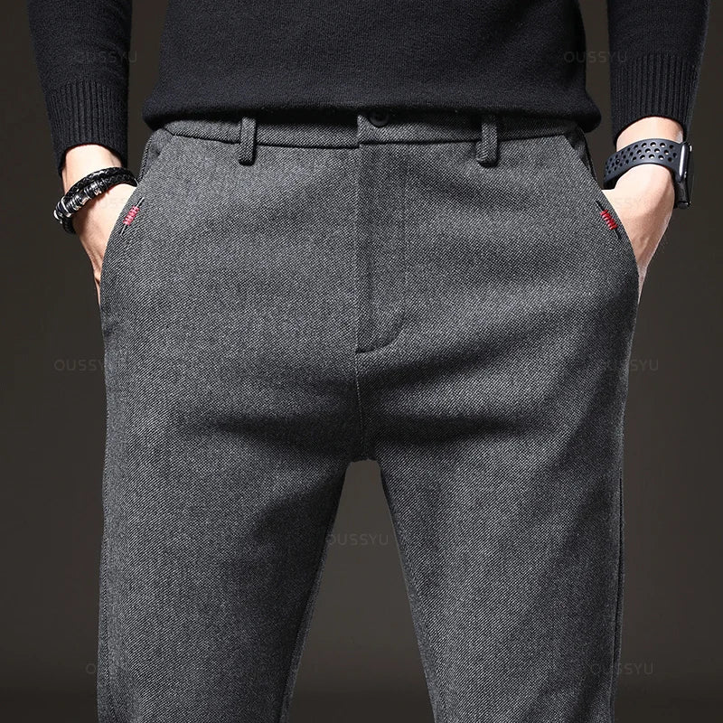 Men's Textured Smart Stretch Trousers. Polyester blend with viscose, nylon, cotton and elastane.
