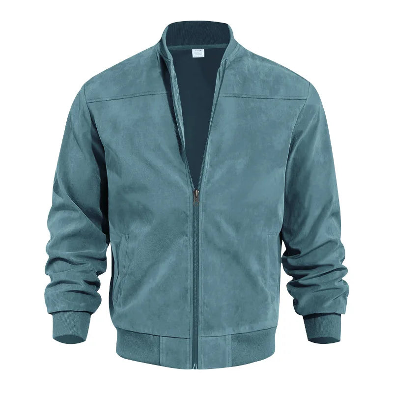 Men's Suede-Look Rib-Trim Bomber Jacket. Suede-look finish.