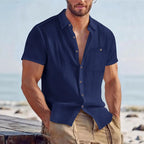 Men's Linen-Blend Short-Sleeve Pocket Shirt. Pointed collar and button front.