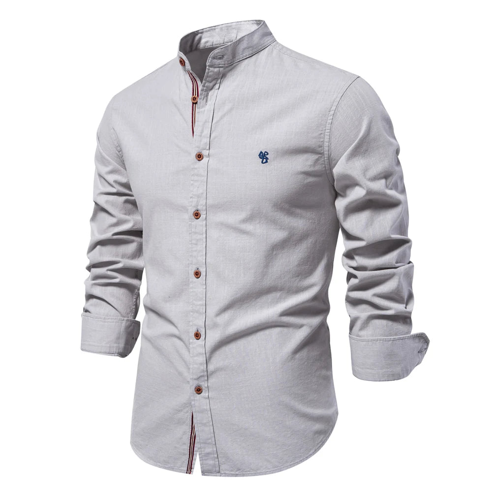 Men's Cotton Grandad-Collar Contrast Shirt. Grandad collar.