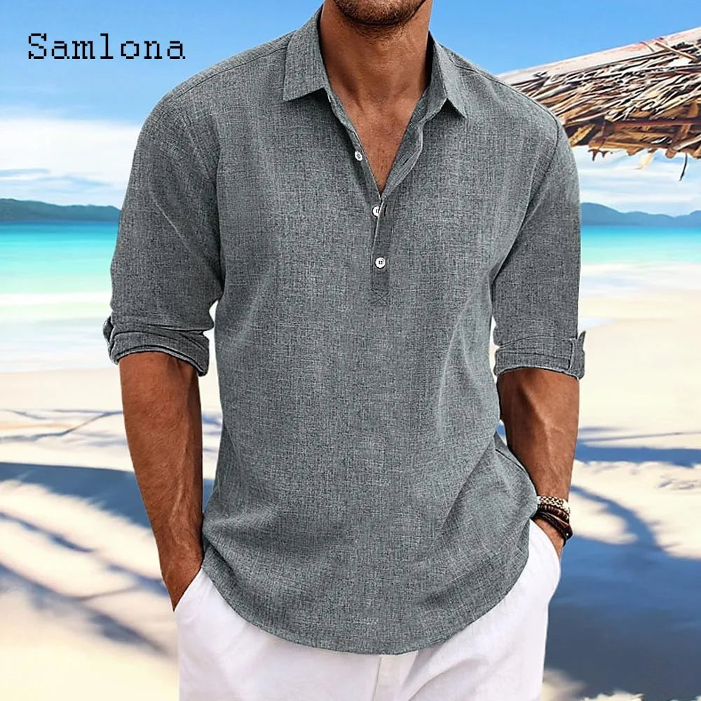Men's Long-Sleeve Cotton-Linen Popover Shirt. Cotton-linen blend.