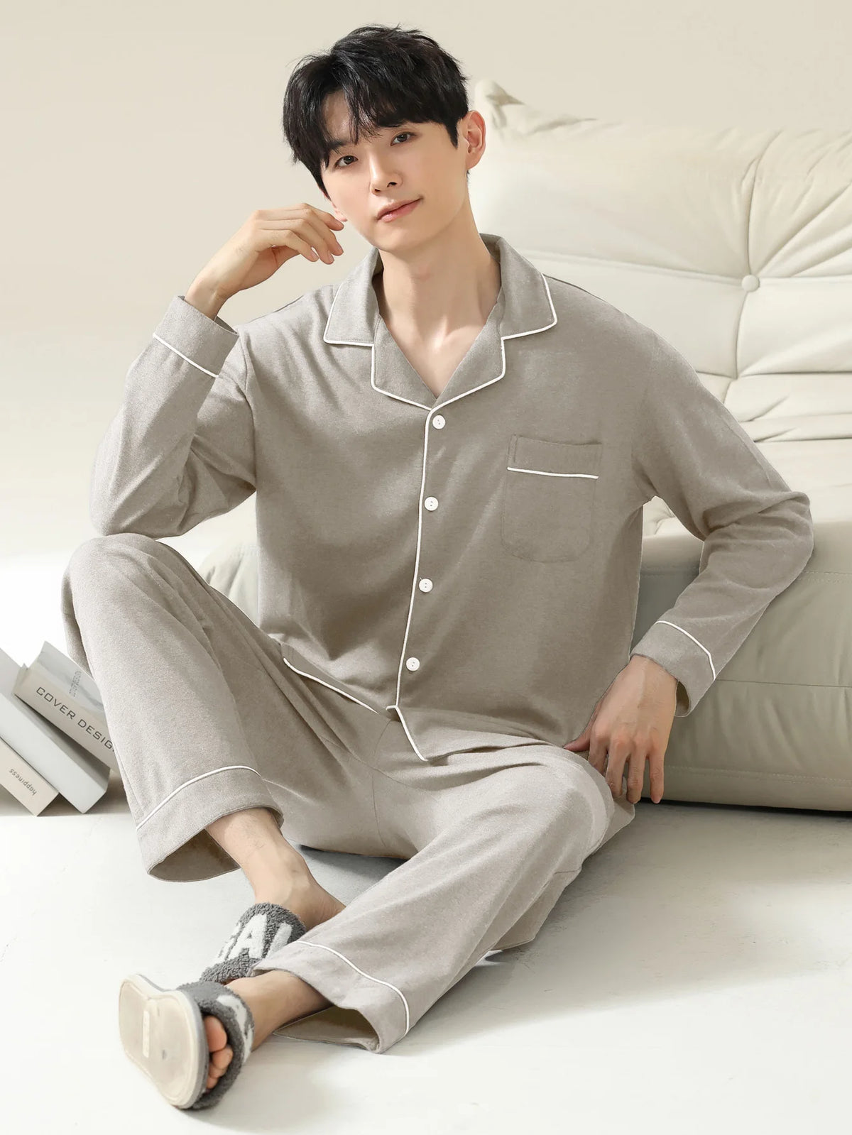 Men's Stone Cotton Long Pyjamas With Piping. Cotton fabric.