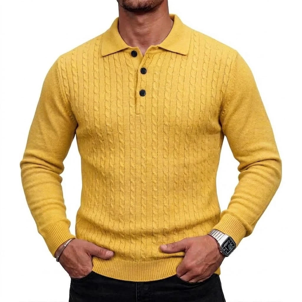 Men's Cable-Knit Long-Sleeve Polo. Cable-knit detailing.