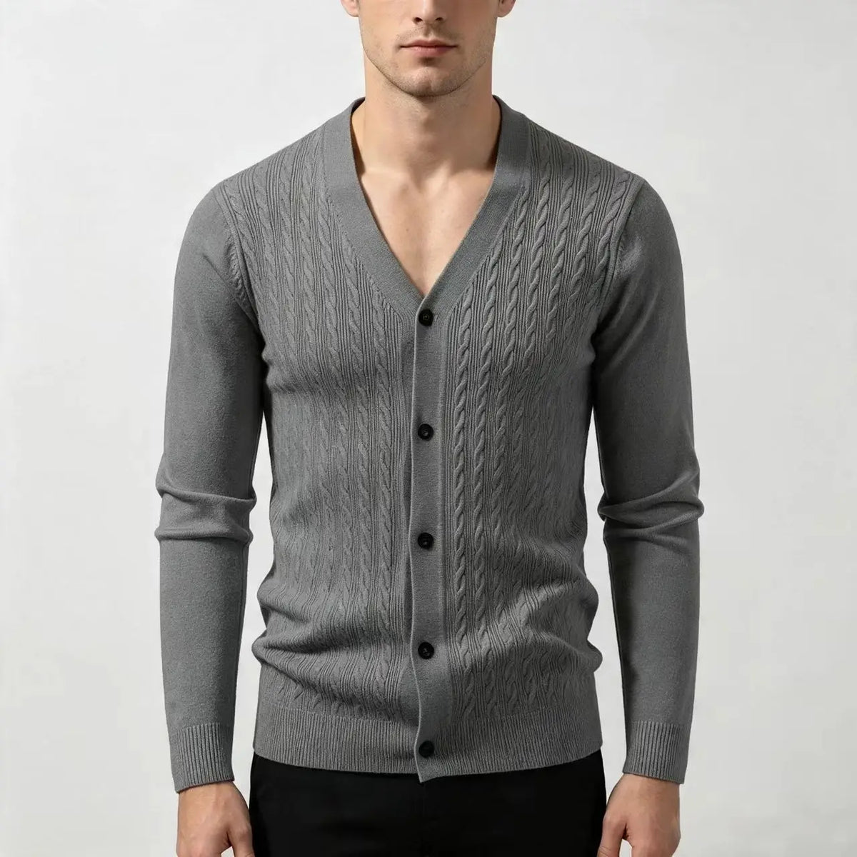 Men's Cable-Knit V-Neck Cardigan. Cable-knit texture.