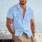 Men's Linen-Blend Short-Sleeve Pocket Shirt. Pointed collar and button front.