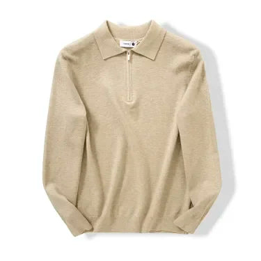 Men's Collared Zip-Neck Knit Polo. Fold-over polo collar.