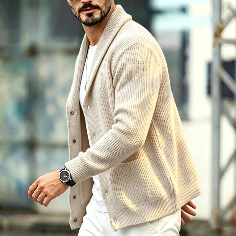 Men's Shawl-Collar Pocket Cardigan. Shawl collar.