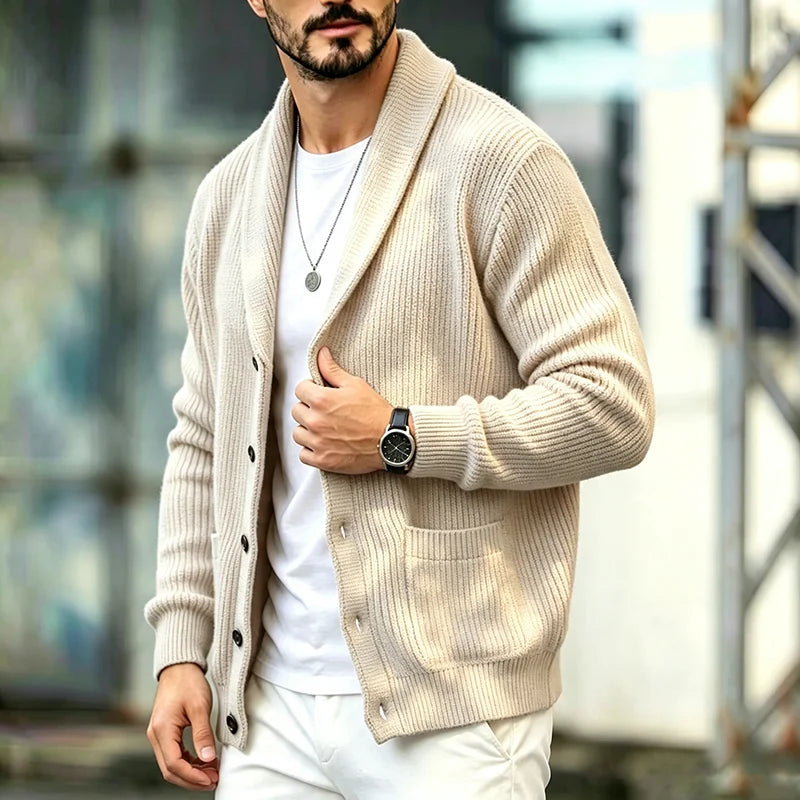 Men's Shawl-Collar Pocket Cardigan. Shawl collar.
