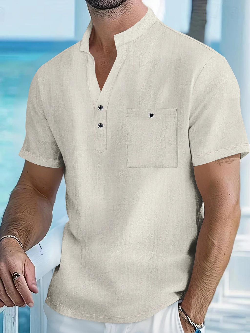 Men's Short-Sleeve Stand-Collar Popover Shirt. Cotton and linen blend.