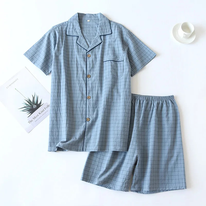 Men's Fine-Check Cotton Short Pyjamas. Cotton fabric.