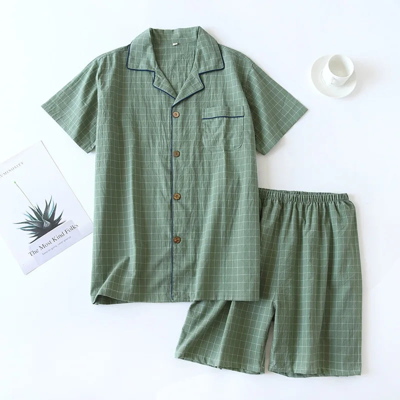 Men's Fine-Check Cotton Short Pyjamas. Cotton fabric.