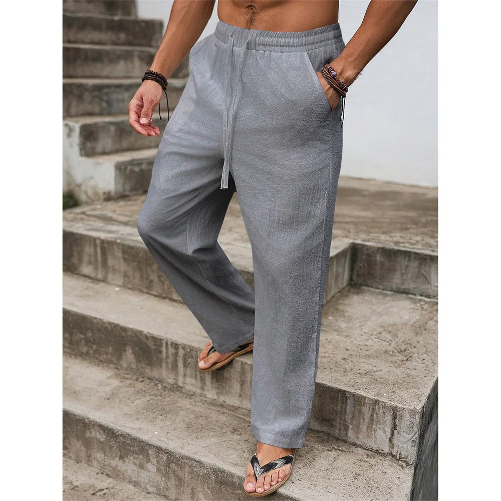 Men's Cotton-Linen Drawstring Trousers. Cotton and linen blend.