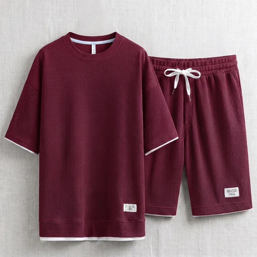 Men's Waffle T-Shirt & Lounge Shorts Set. Matching tee and shorts.
