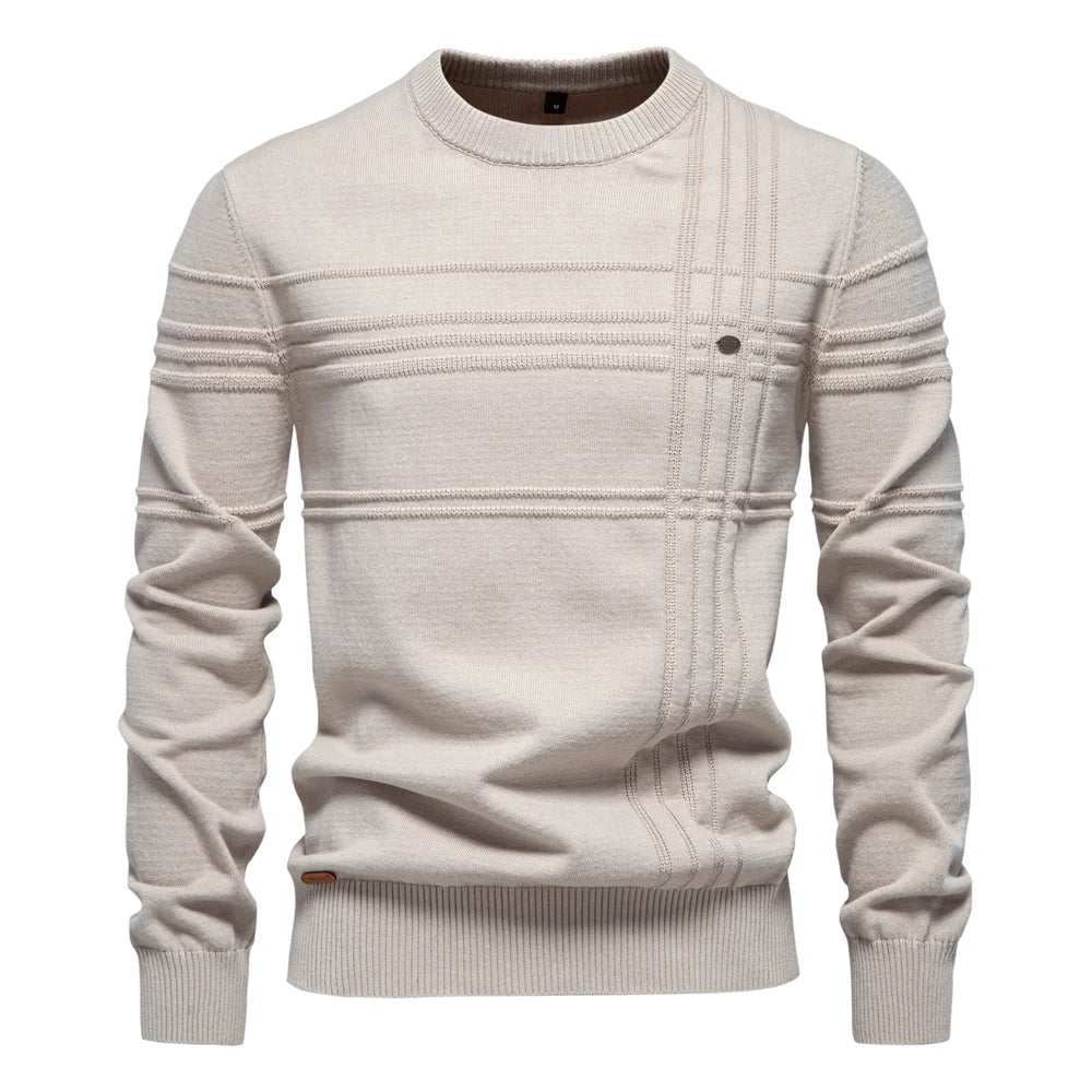 Men's Textured Stripe Crew-Neck Jumper. 95% cotton, 5% elastane.