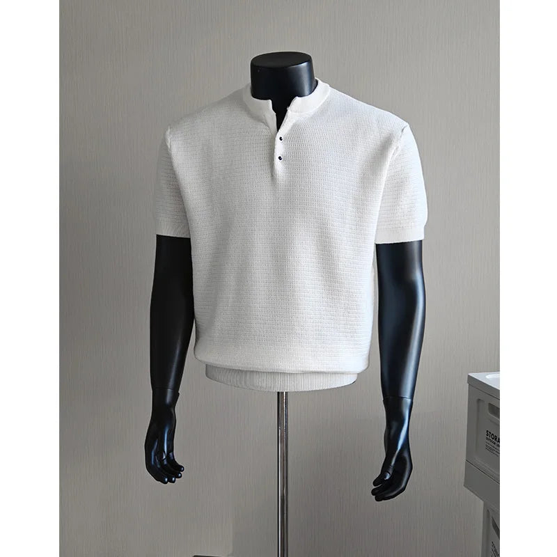 Men's Textured Short-Sleeve Knit Henley. Textured knit.