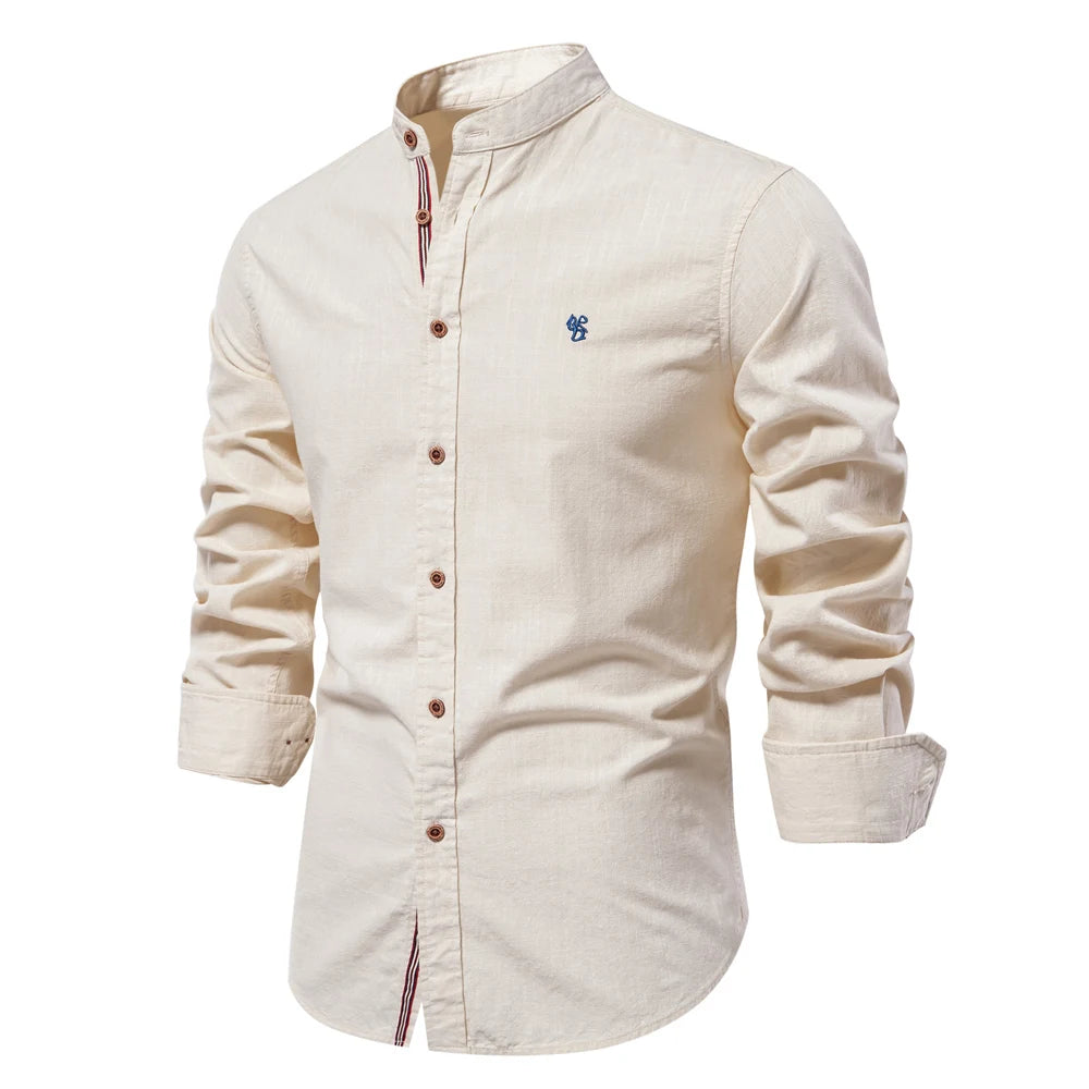 Men's Cotton Grandad-Collar Contrast Shirt. Grandad collar.