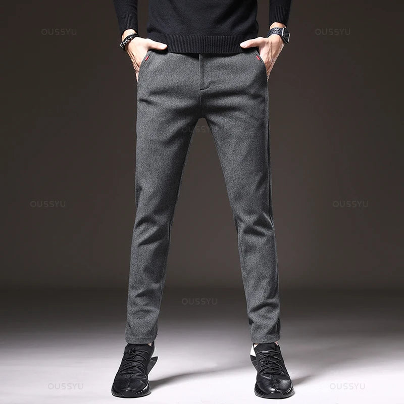 Men's Textured Smart Stretch Trousers. Polyester blend with viscose, nylon, cotton and elastane.