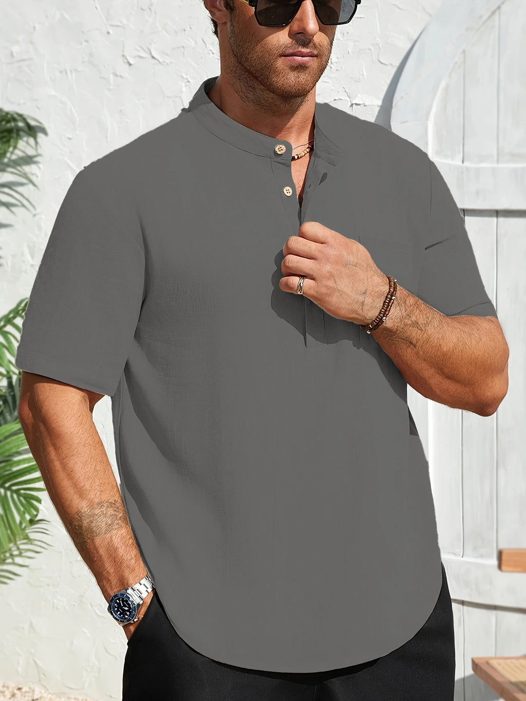 Men's Lightweight Short-Sleeve Pocket Henley. Lightweight textured finish.