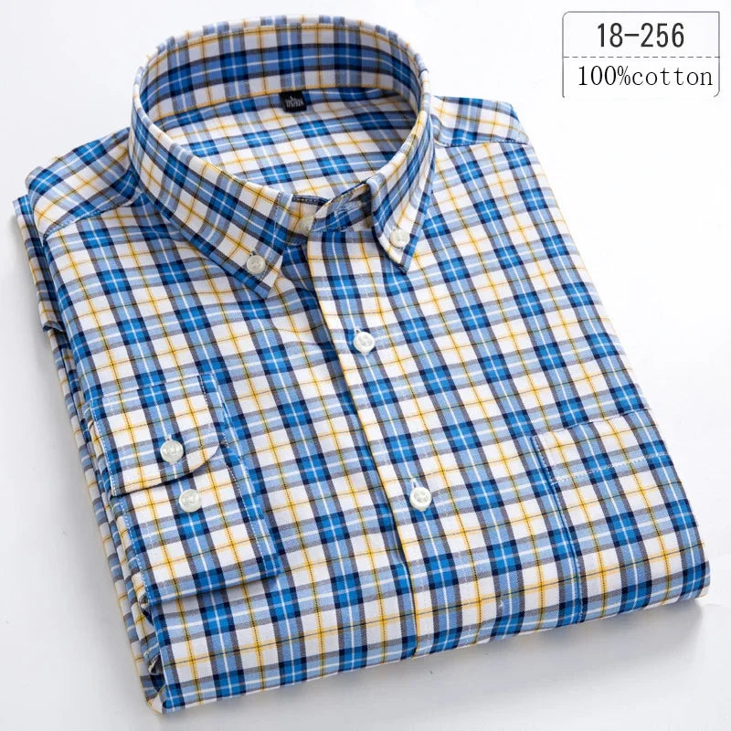 Men's Cotton Check & Stripe Button-Down Shirt. Button-down collar and button front.